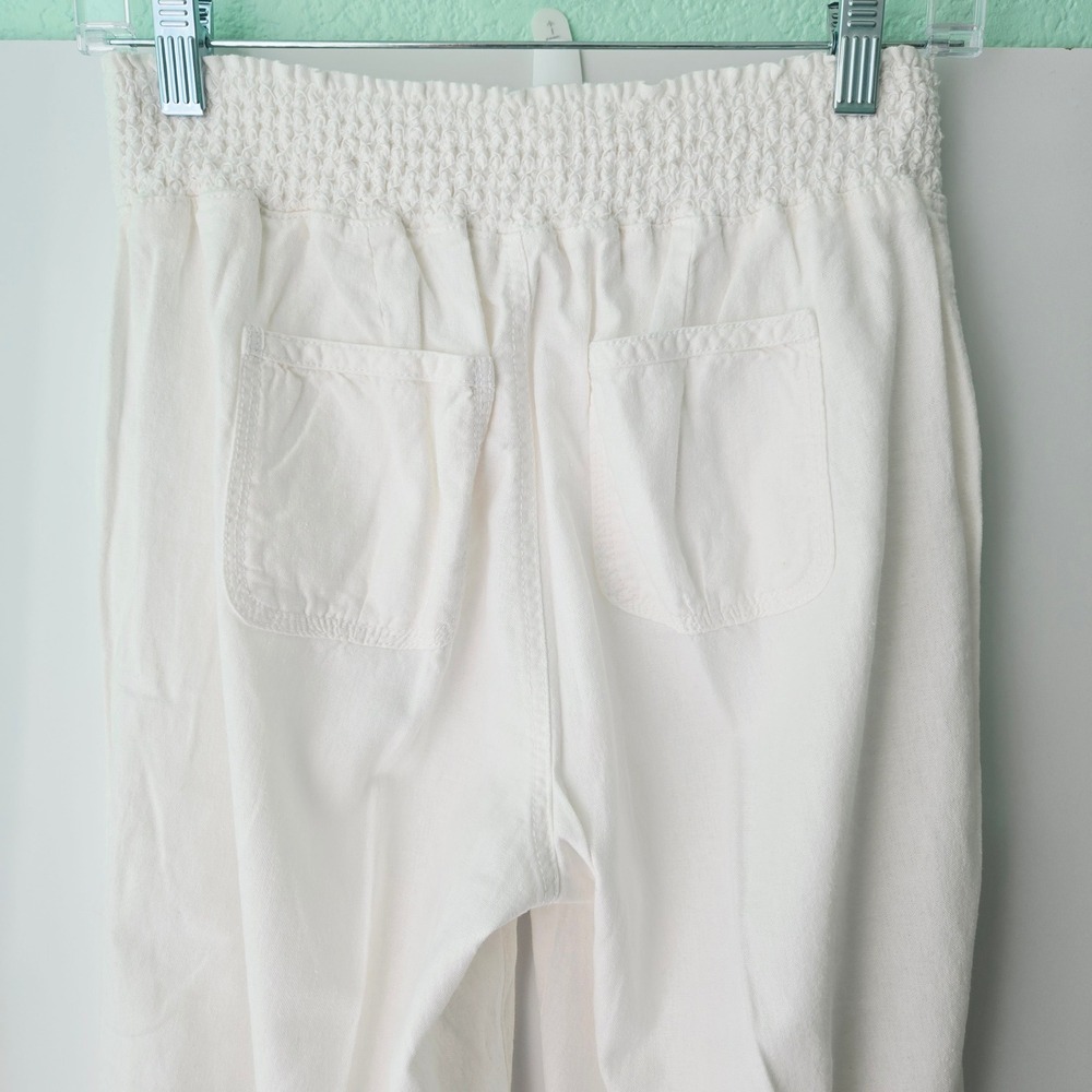 Cavalini White Linen Blend Wide Leg Smocked Waist Drawstring Pants Large Beachy - Picture 9 of 11